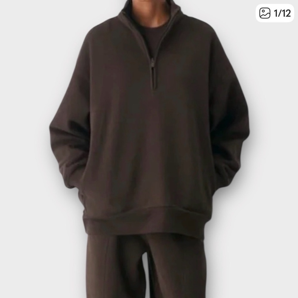 SKIMS Boyfriend Fleece Slouchy Half Zip Pullover - Espresso (NWT) OVERSIZED Med